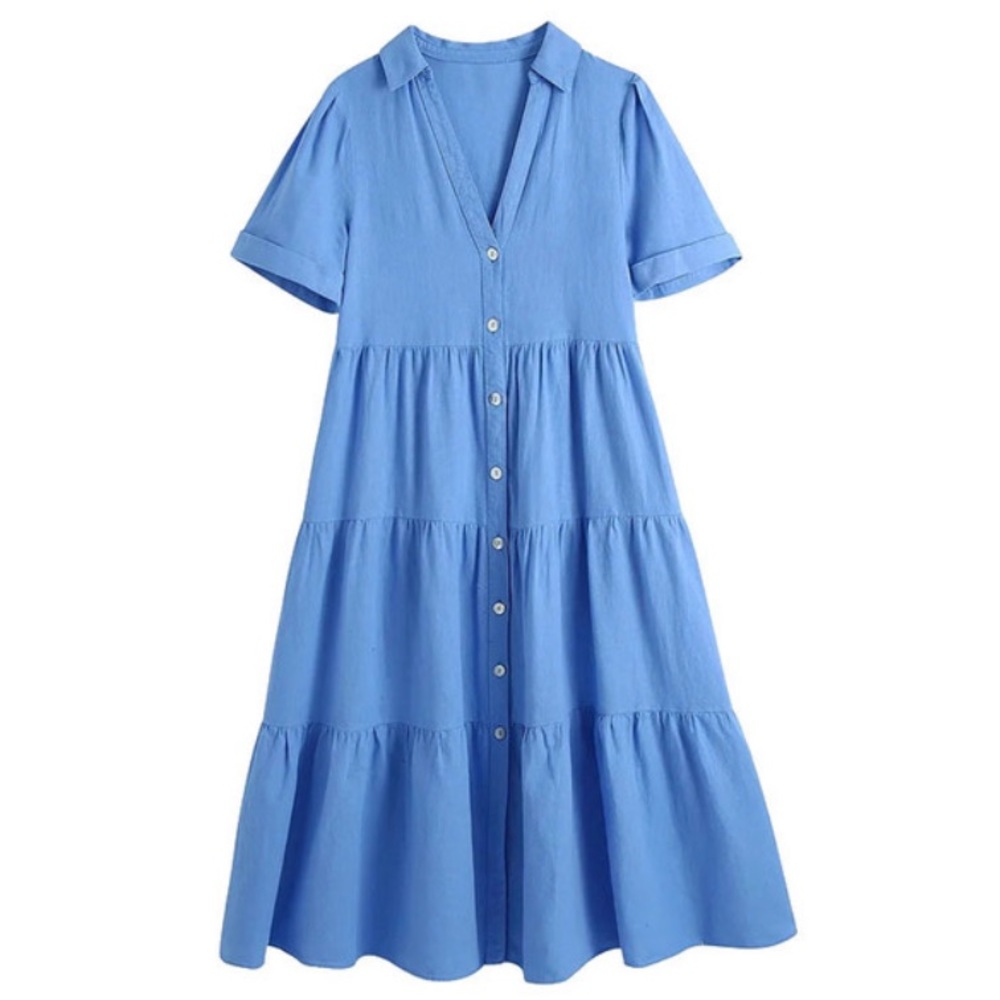 Zara Button Front Midi Dress Linen Blend Blue Cottagecore Prairie Collar Teared